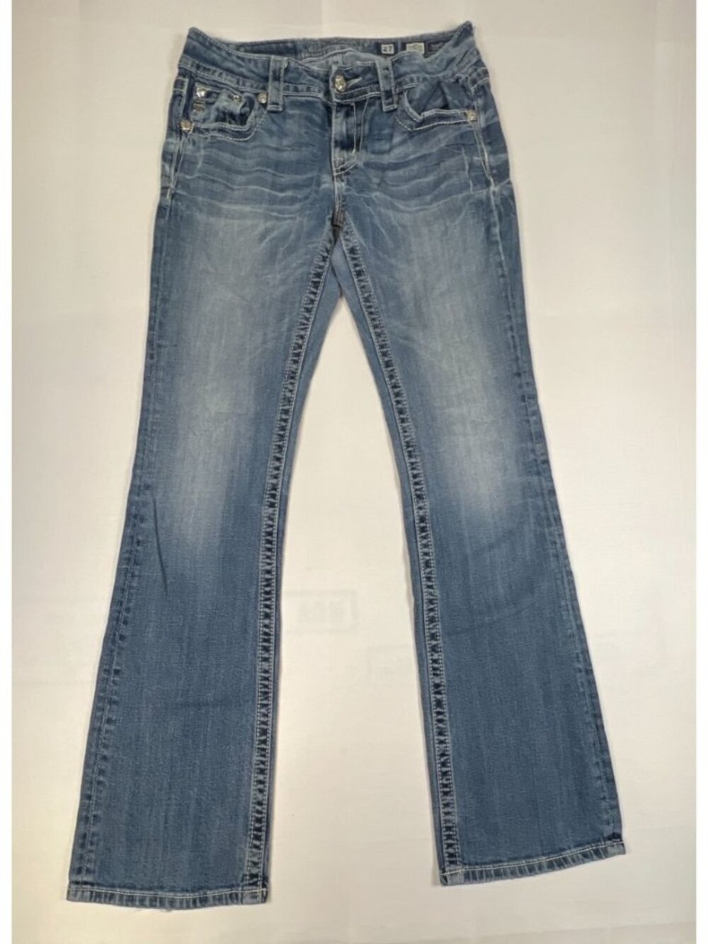 Miss Me Women 27 Easy Boot Blue Medium Wash Distressed Embellished Fleur De Lis